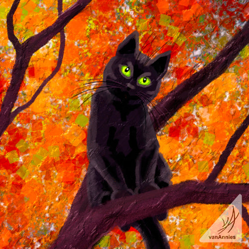 Autumn Encounter (Black Cat in Tree) Wrapped Canvas Print