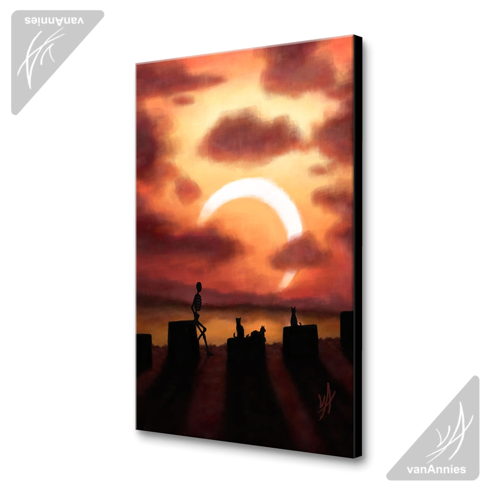 Eclipse at Sunset (Skeleton and Cats Watching Solar Eclipse) Wrapped Canvas Print