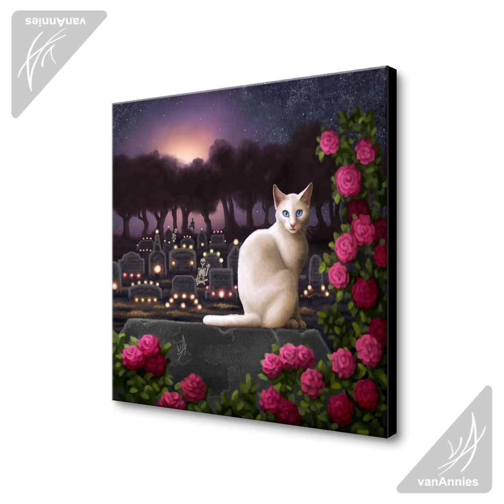 Rendezvous (Cat with Skeletons in Cemetery) Wrapped Canvas Print