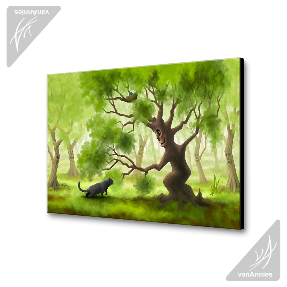 Friendly Forest (with Gray Cat) Wrapped Canvas Print
