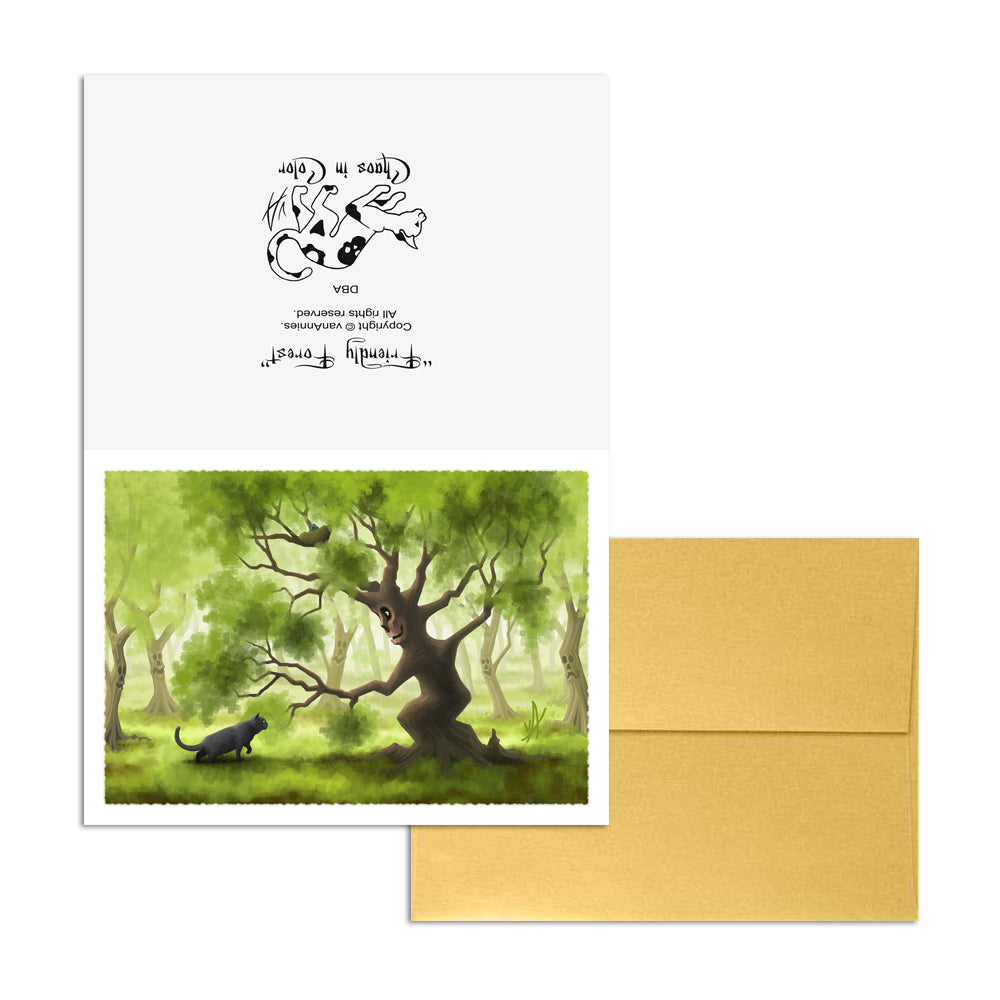 Friendly Forest (with Gray Cat) 5x7 Art Card Print