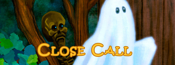 Close Call | Funny Halloween Ghost and Skeleton Art Print