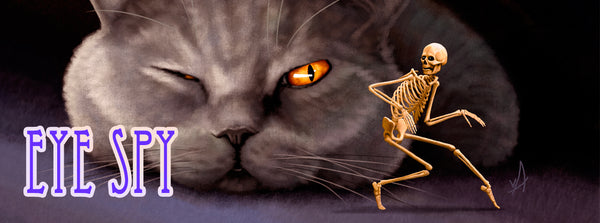 Eye Spy | Dark Humor Cat Watching a Skeleton Art Prints