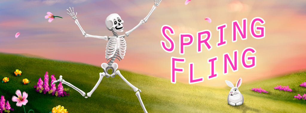 Spring Fling | Humorous Skeleton With Easter Bunny Art Prints