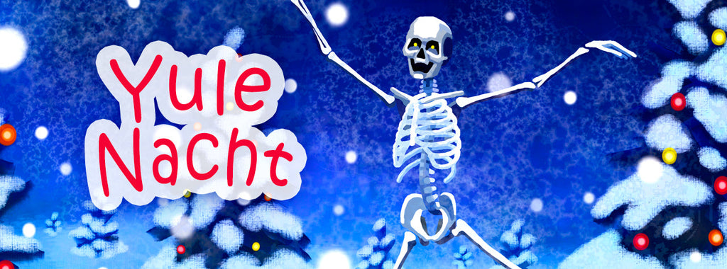 Yule Nacht | Happy Skeleton Prancing Through Snow