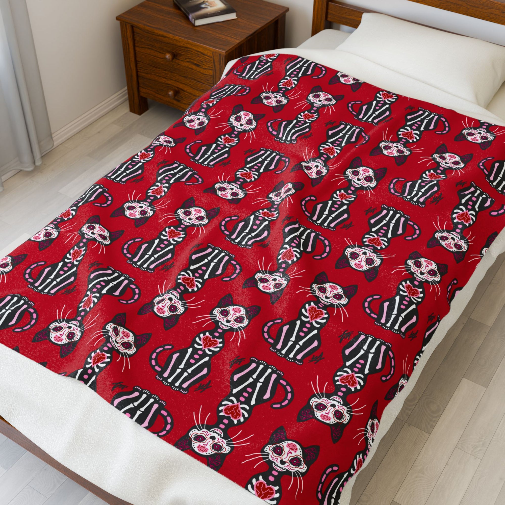 Dia de los Muertos Gato - Pink and Red Cat Soft Fleece Blanket (FREE SHIPPING)
