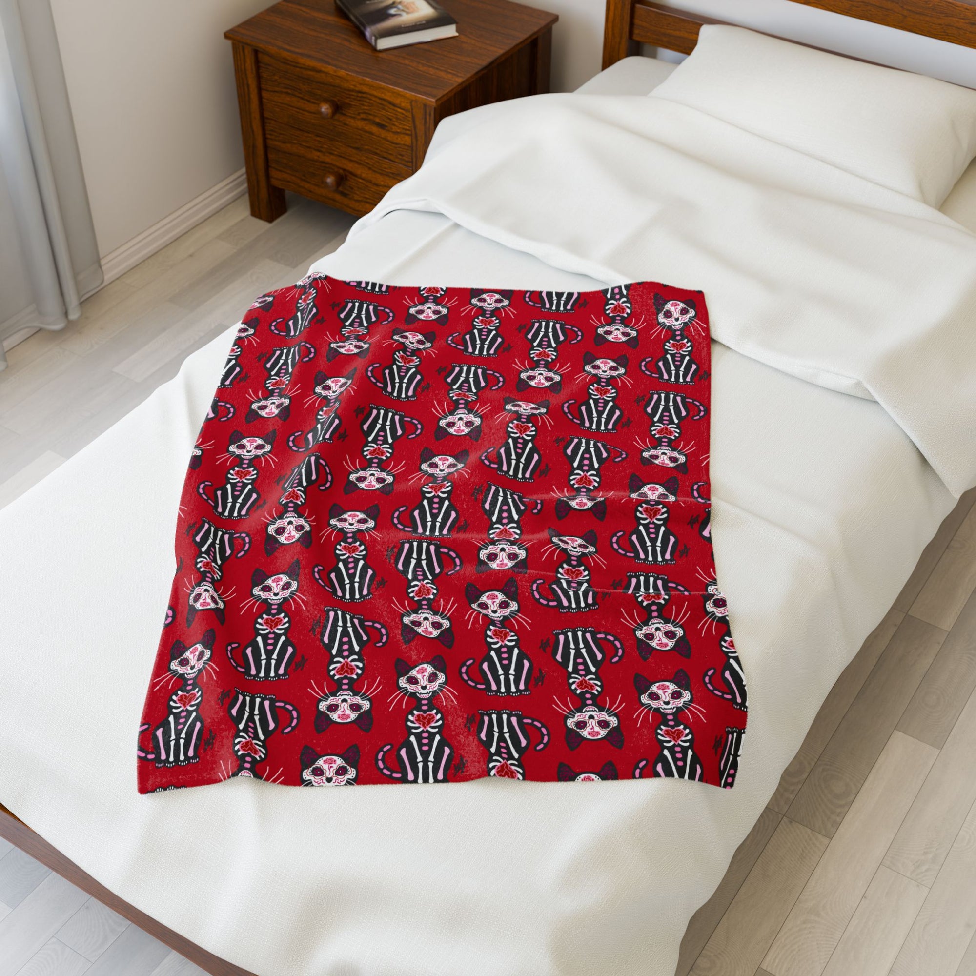 Dia de los Muertos Gato - Pink and Red Cat Soft Fleece Blanket (FREE SHIPPING)