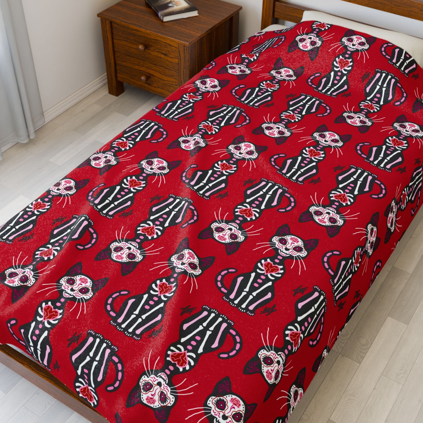 Dia de los Muertos Gato - Pink and Red Cat Soft Fleece Blanket (FREE SHIPPING)