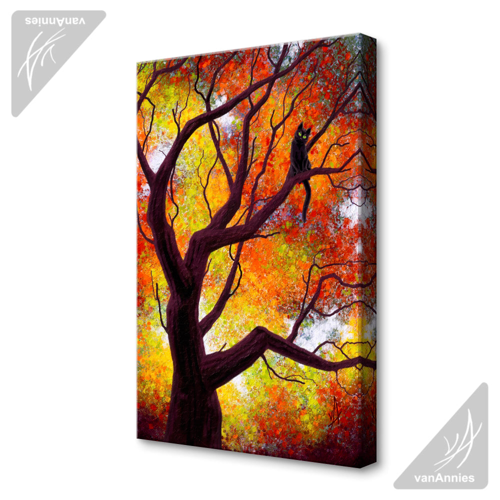 Autumn Encounter (Black Cat in Tree) Wrapped Canvas Print