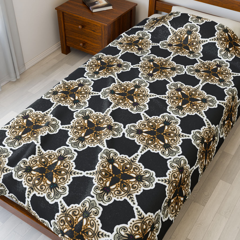 Feline Filigree - Triad of Cats - Black, White, & Gold Soft Fleece Blanket (FREE SHIPPING)