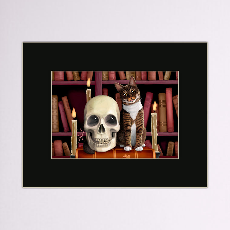 Amazing Stories! Cat and Skull in Library Matted Print