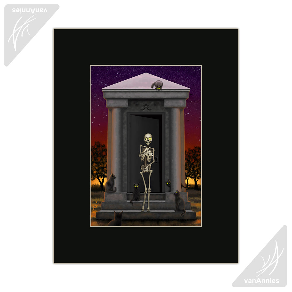 Bare Bones (Skeleton with Cats) Matted Print