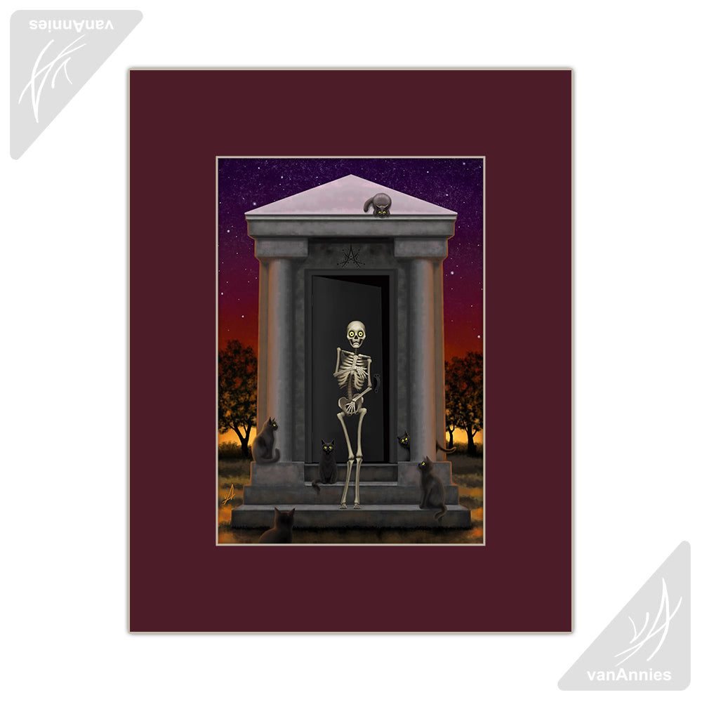 Bare Bones (Skeleton with Cats) Matted Print