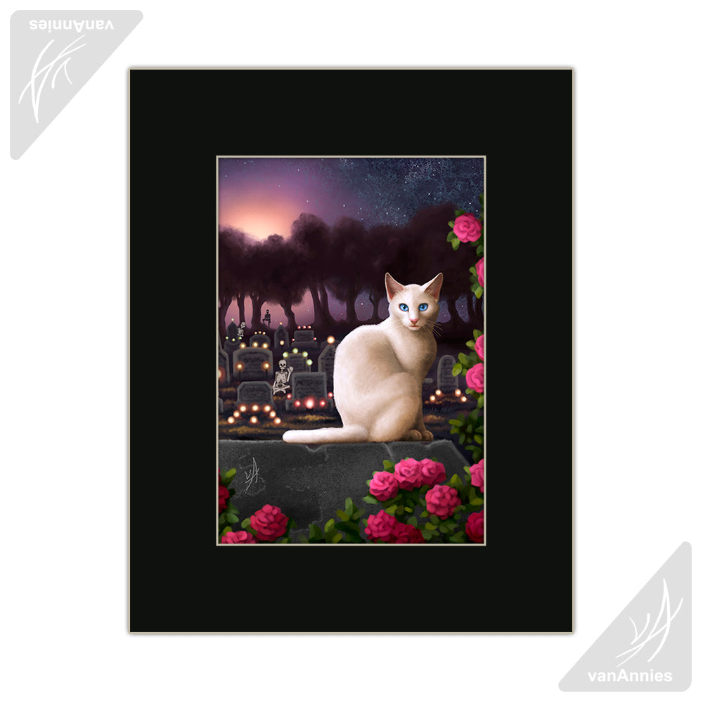 Rendezvous (Cat with Skeletons in Cemetery) Matted Print