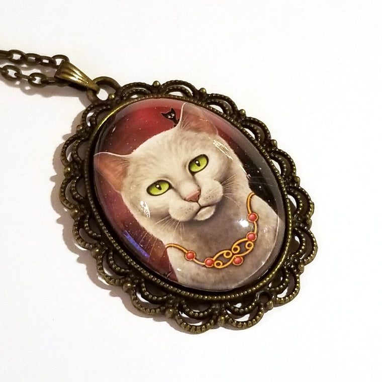 Zodiac Cat Cancer with July Birthstone Large Oval Art Pendant on Chain