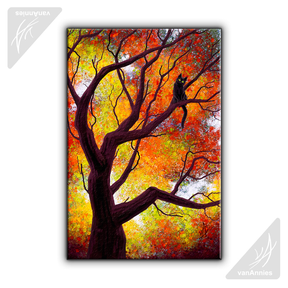 Autumn Encounter (Black Cat in Tree) Wrapped Canvas Print