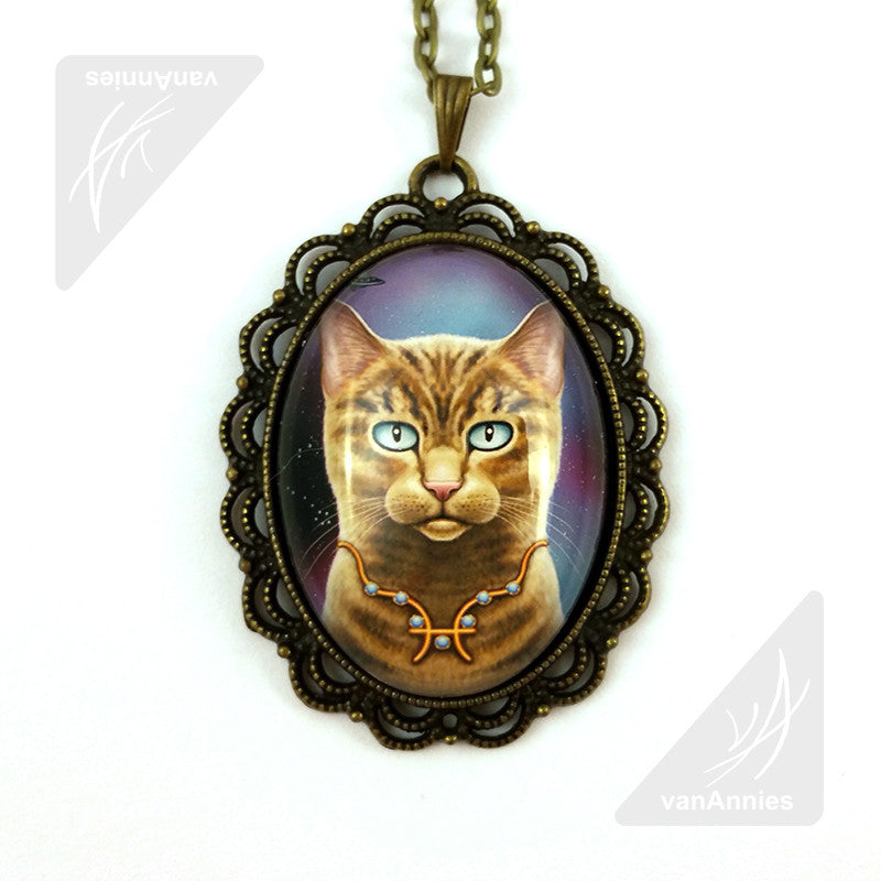 Zodiac Cat Pisces with March Birthstone Large Oval Art Pendant on Chain