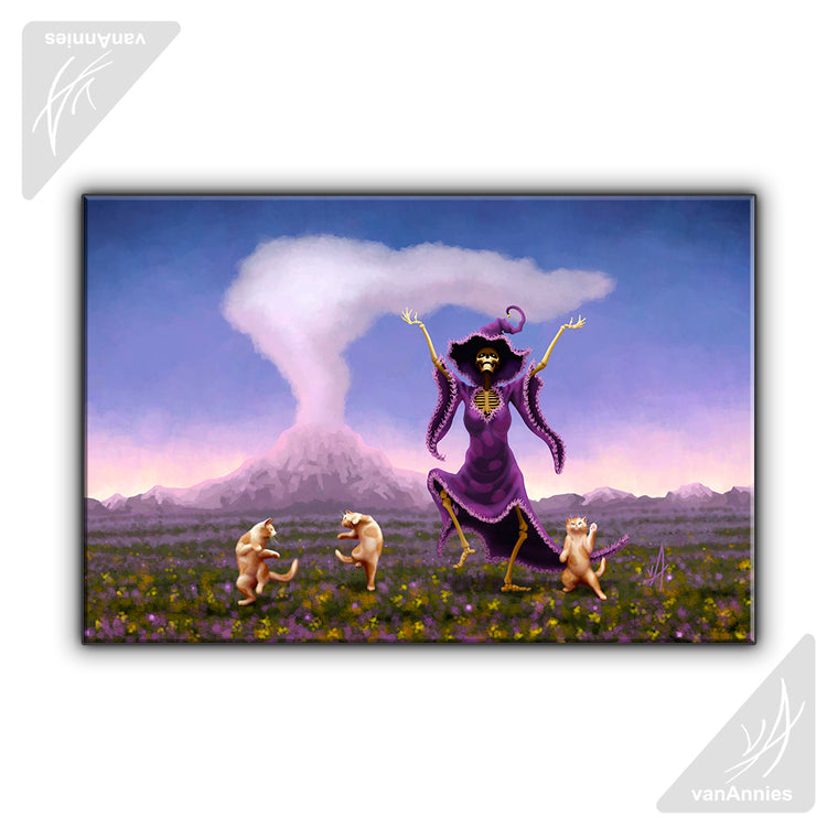 Volcanic Jig (Skeleton Witch Dancing With Cats) Wrapped Canvas Print