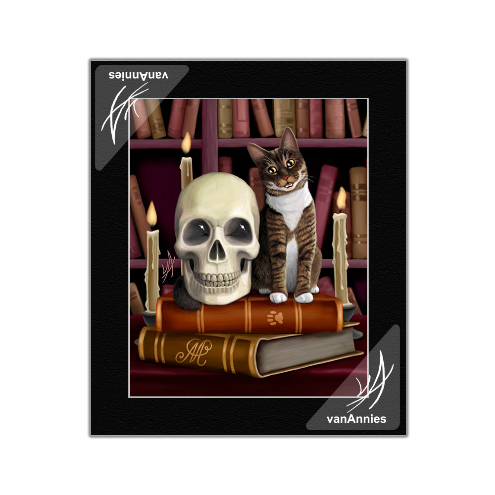Amazing Stories (Cat and Skull in Library) Matted Print