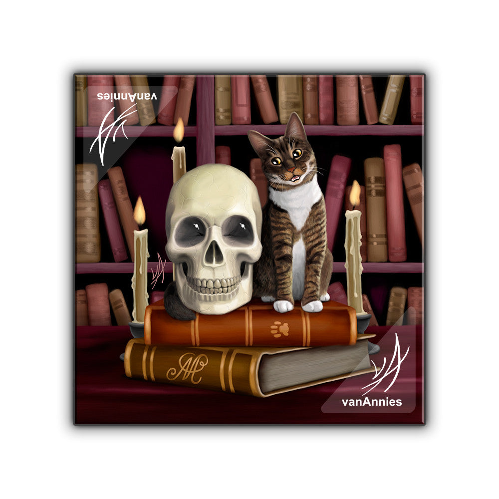 Amazing Stories (Cat and Skull in Library) Wrapped Canvas Print