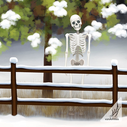Bones of Winter (Skeleton in Snowy Forest) Wrapped Canvas Print