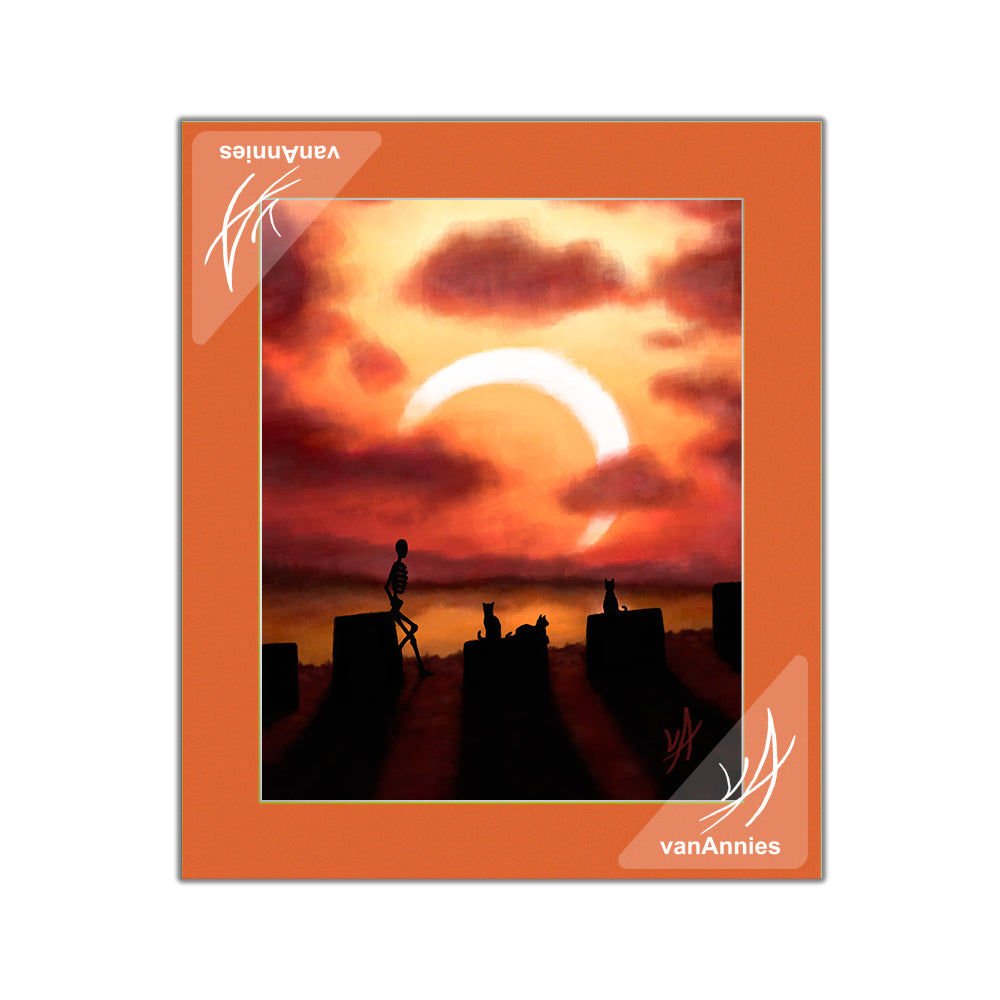 Eclipse at Sunset (Skeleton and Cats Watching Solar Eclipse) Matted Print