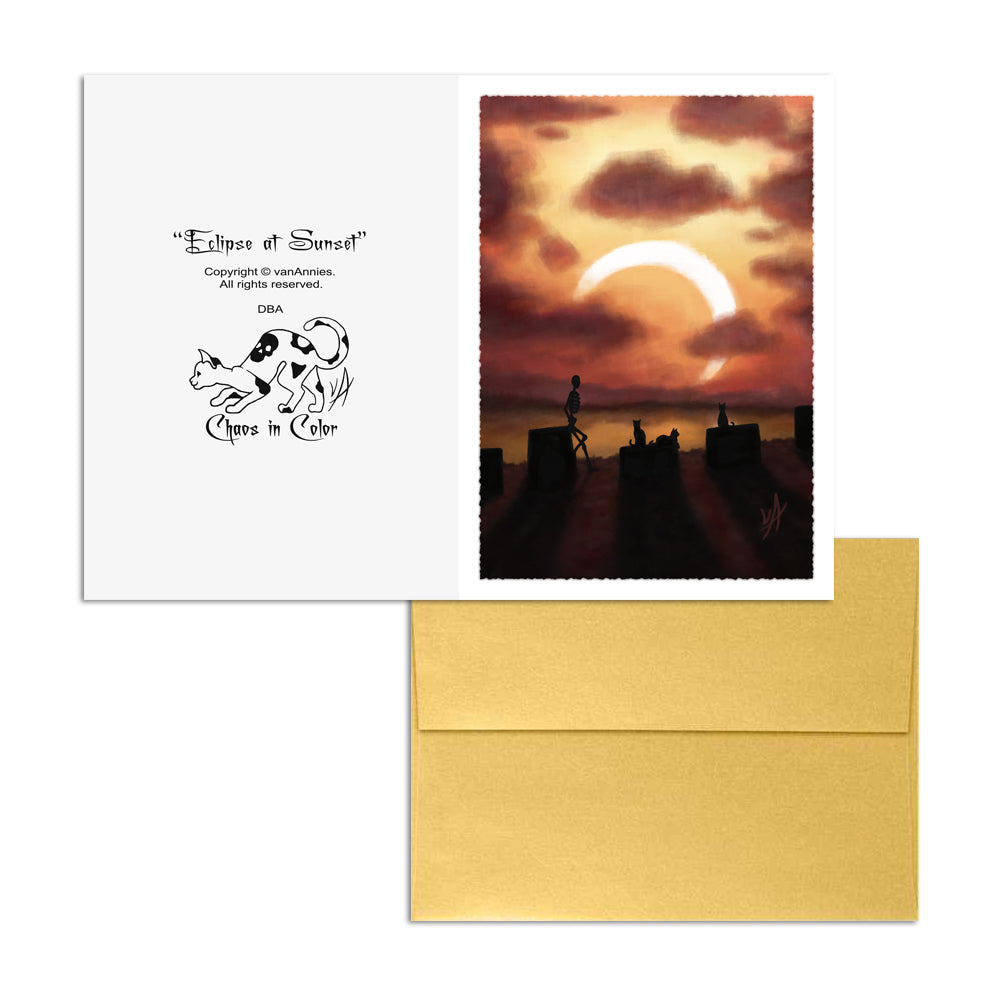 Eclipse at Sunset (Skeleton with Three Cats) 5x7 Art Card Print