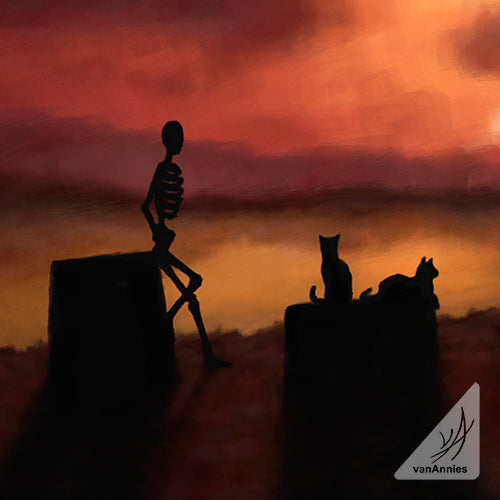 Eclipse at Sunset (Skeleton and Cats Watching Solar Eclipse) Wrapped Canvas Print