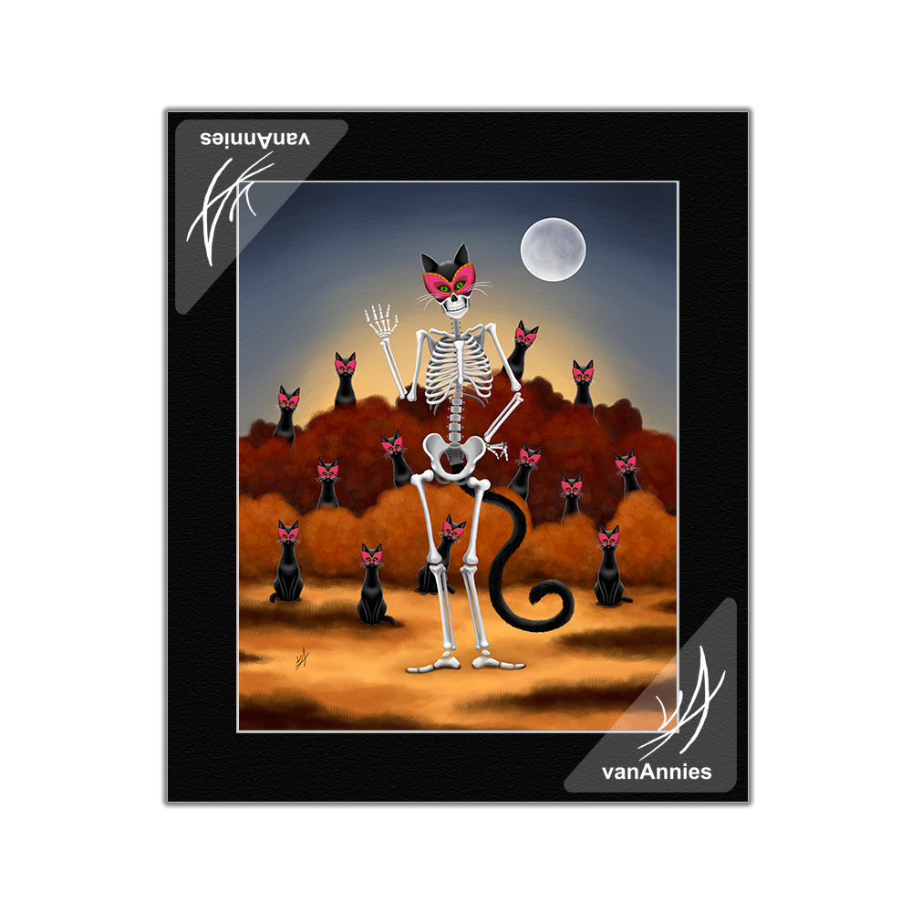 Masquerade Skeleton with Thirteen Black Cats Matted Print