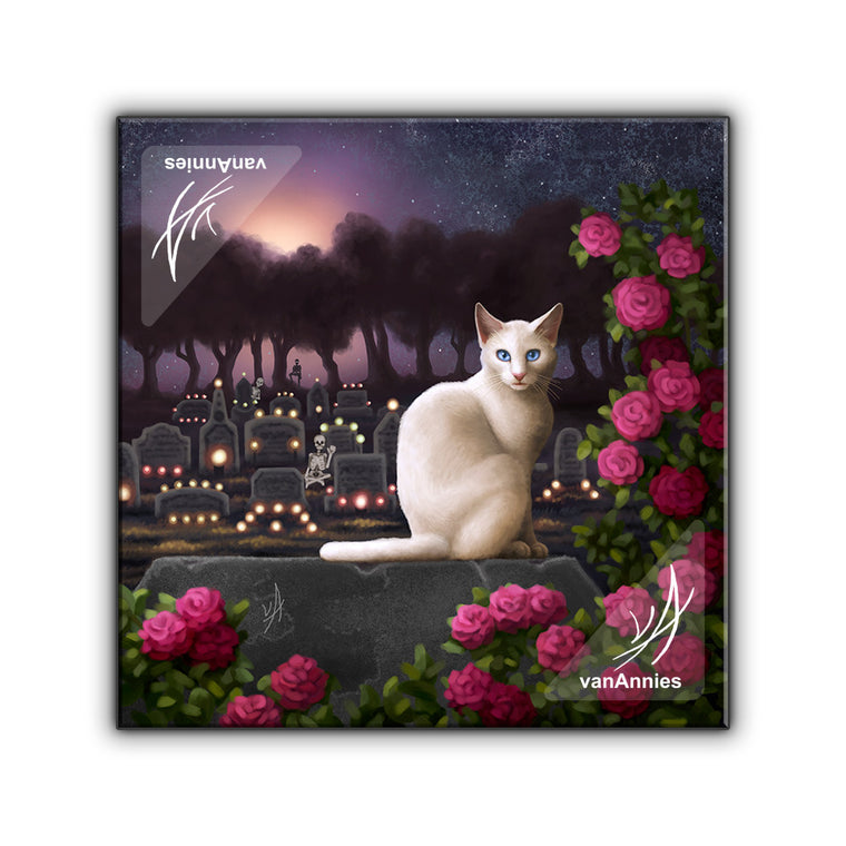 Rendezvous (Cat with Skeletons in Cemetery) Wrapped Canvas Print