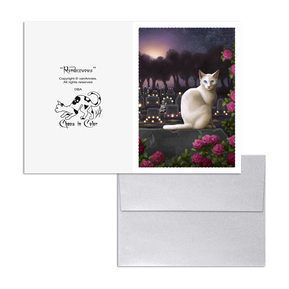 Rendezvous (Cat with Skeletons in Cemetery) 5x7 Art Card Print