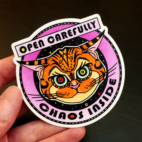 "Open Carefully, Chaos Inside" Sticker
