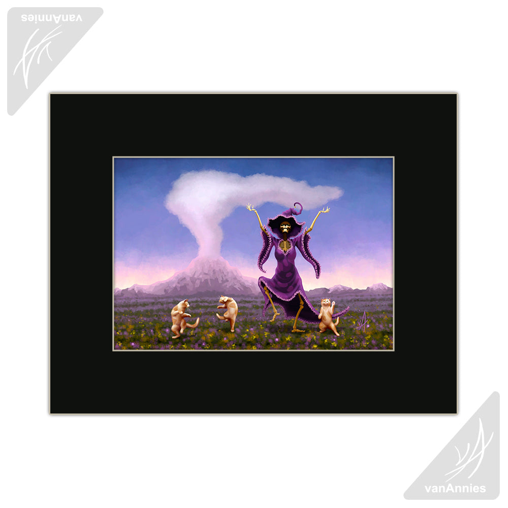 Volcanic Jig (Skeleton Witch Dancing With Cats) Matted Print