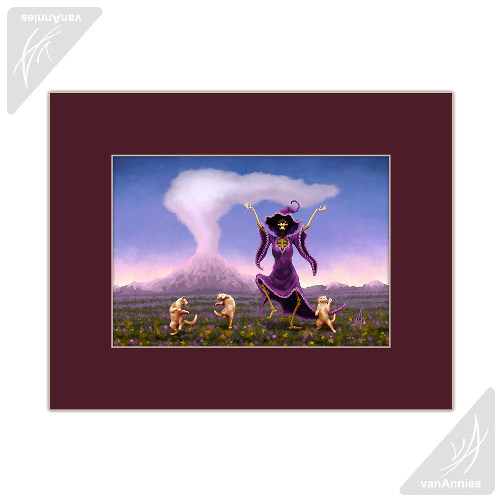 Volcanic Jig (Skeleton Witch Dancing With Cats) Matted Print