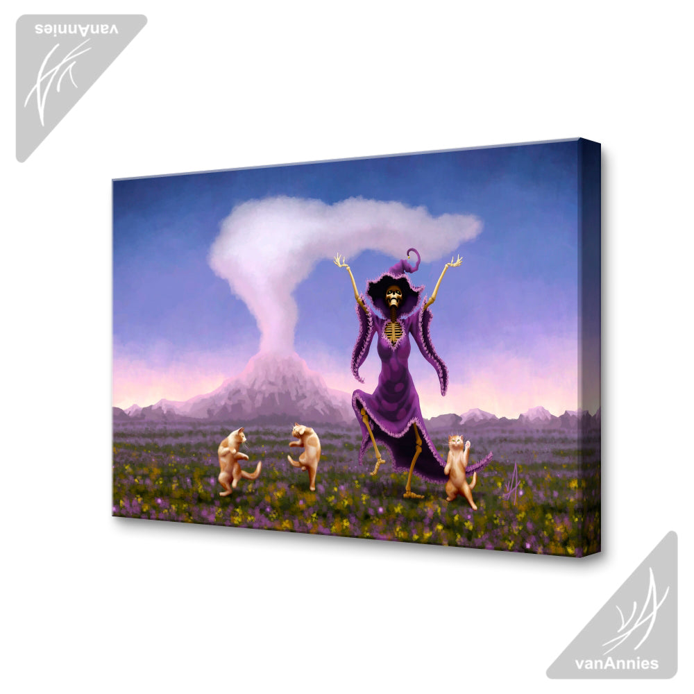 Volcanic Jig (Skeleton Witch Dancing With Cats) Wrapped Canvas Print